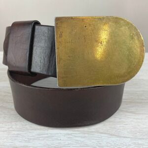 Vintage Brass Buckle Brown Leather Belt (30") Chunky Unisex Grunge